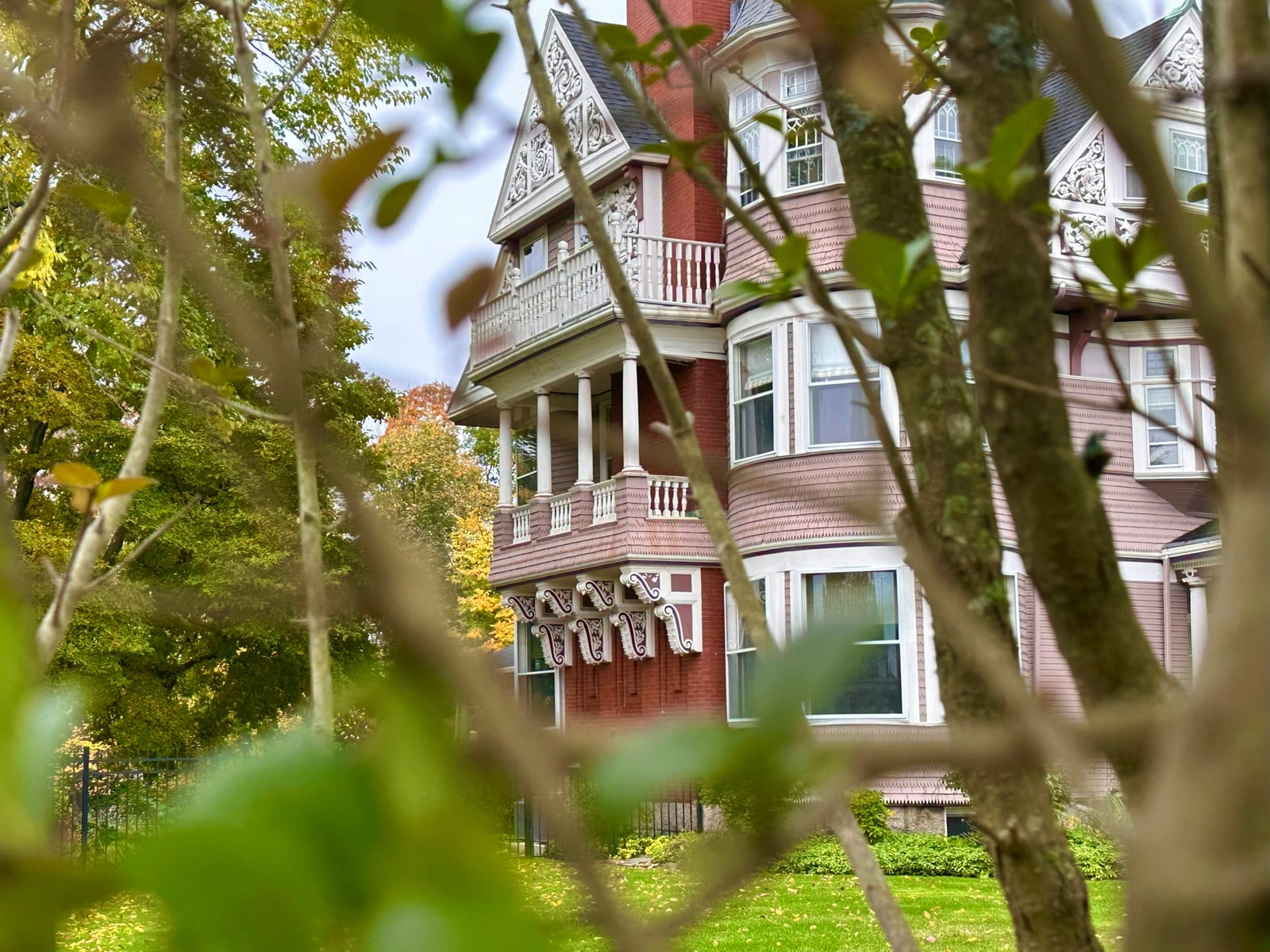 Colorful Victorian gingerbread cottages in a New England island town.
