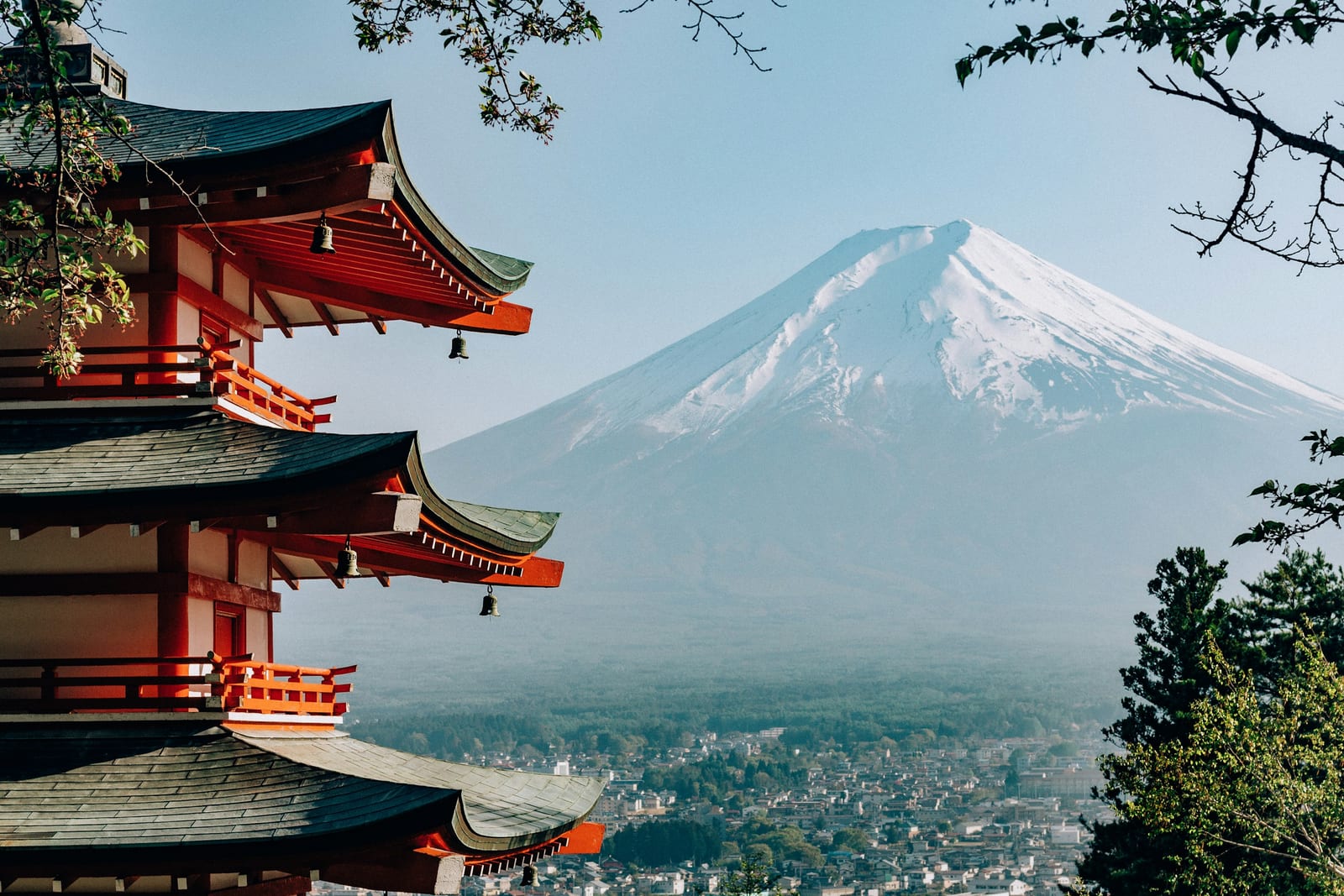 Mt. Fuji behind the five-storey Chureito Pagoda and cherry blossom at the Fuji Five Lakes.