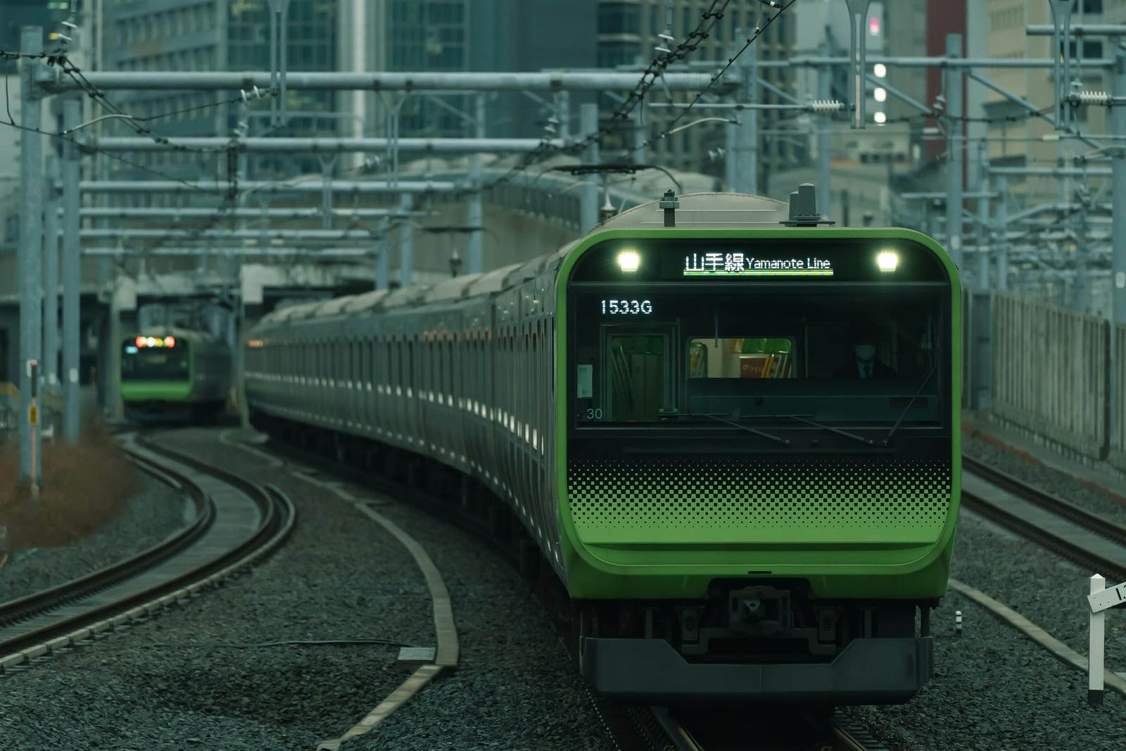 A Yamanote line train on the tracks in Tokyo