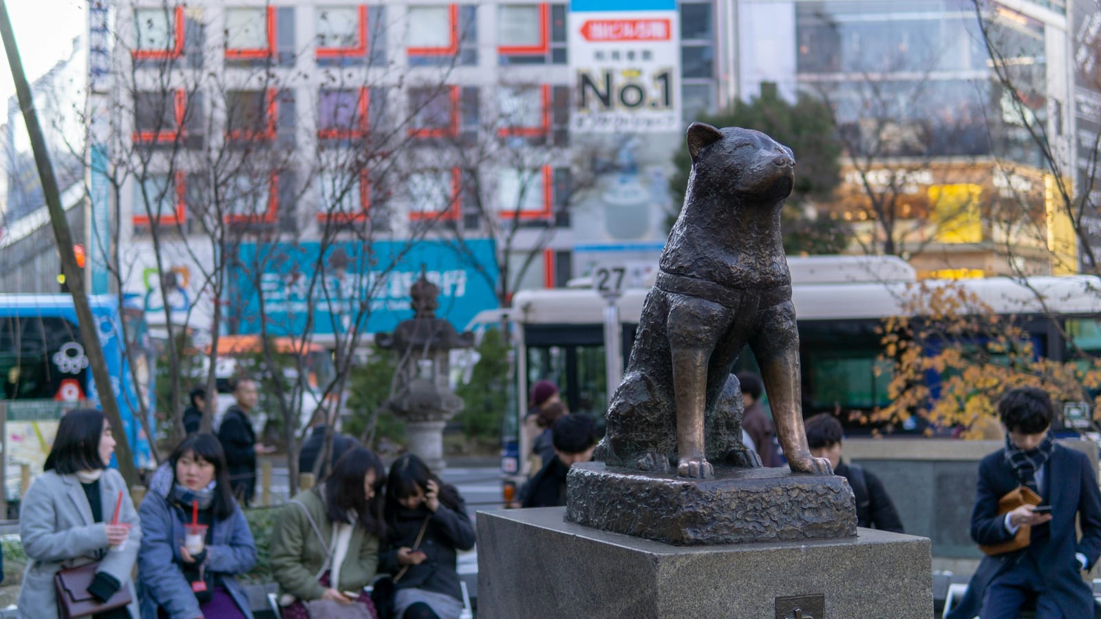 The bronze Hachiko dog statue outside Shibuya Station.