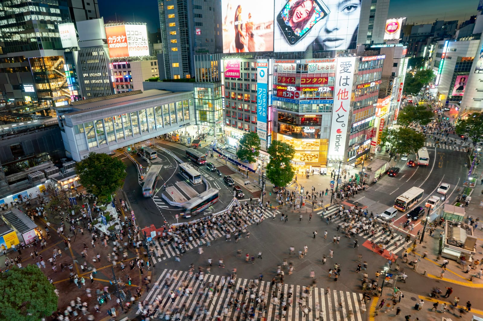 Aerial view of a busy Shibuya street at night