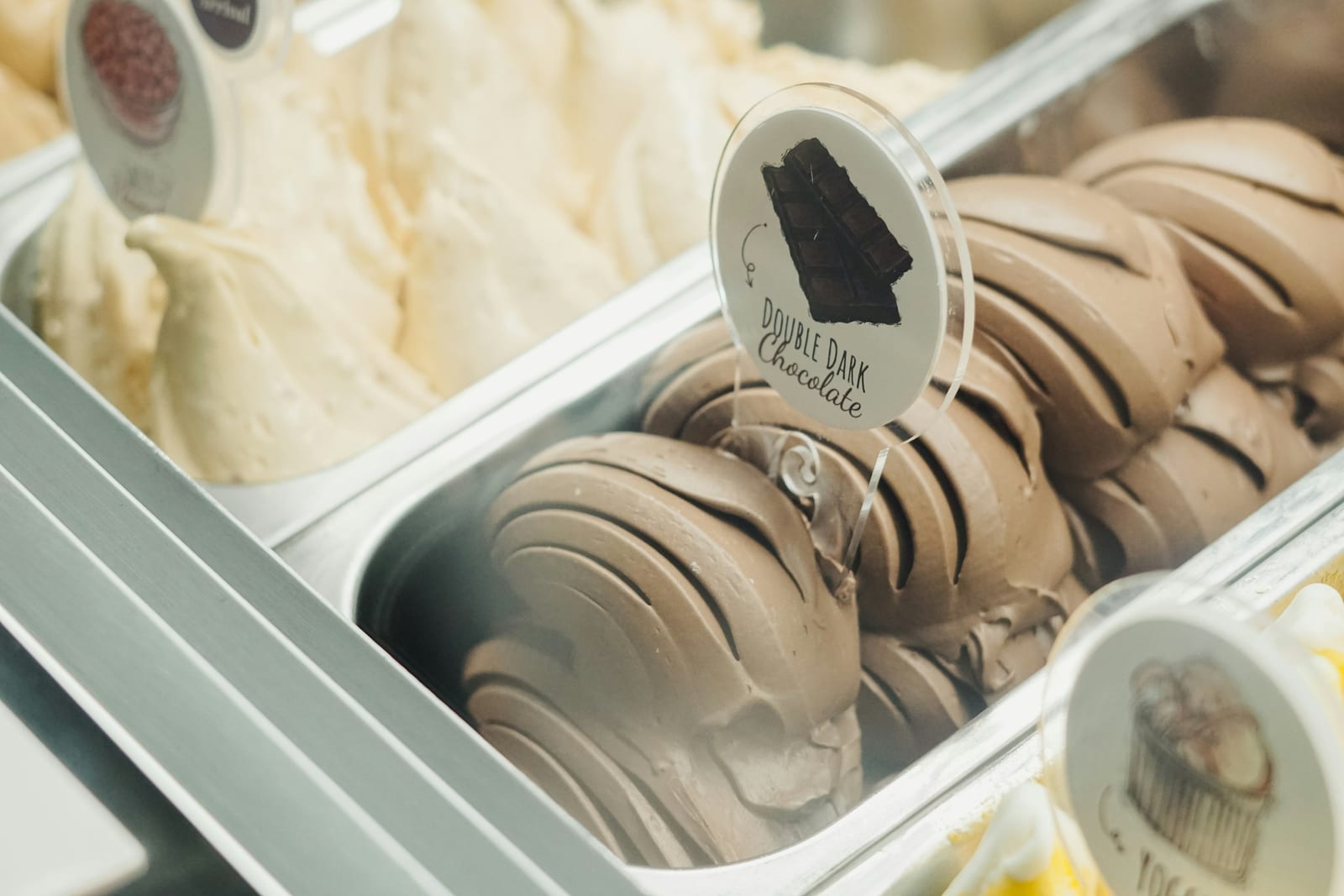 A case of artisan gelato in muted, natural colors at Fatamorgana.