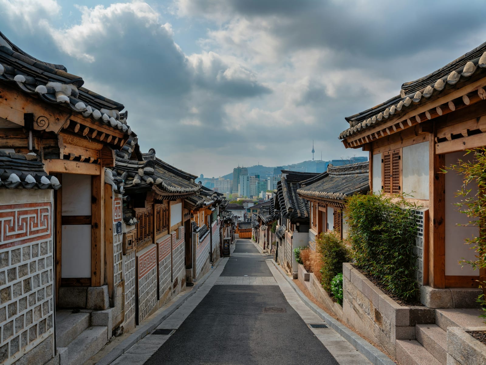 A street lined with wooden buildings in Seoul