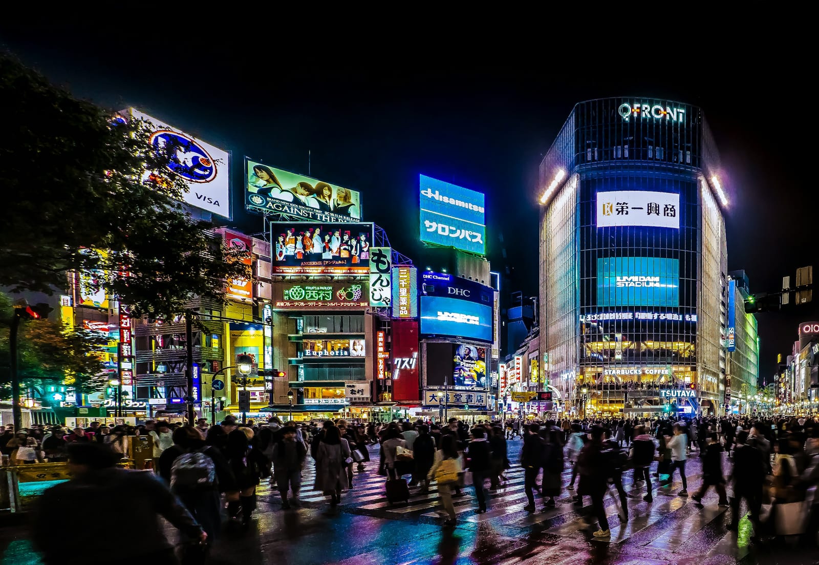 Aerial view of a busy Shibuya street at night