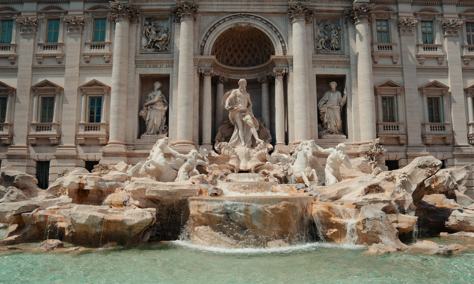 A close-up of the Baroque sculpture on the Trevi Fountain.