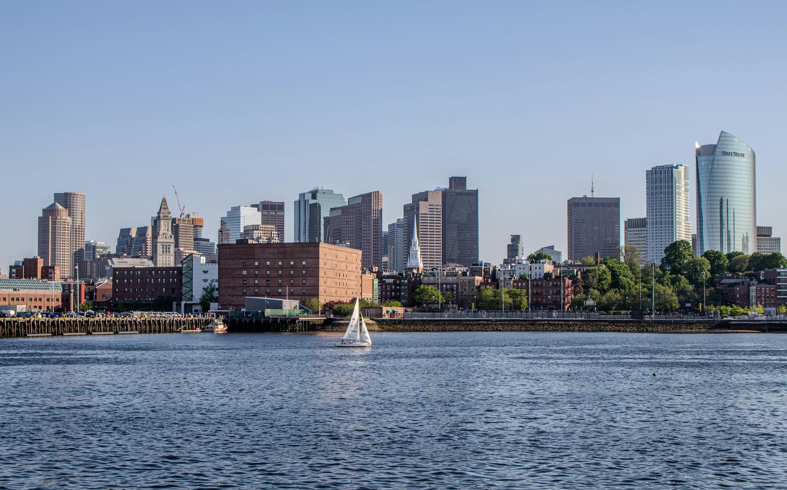 Boston skyline and harbor from the waterfront.