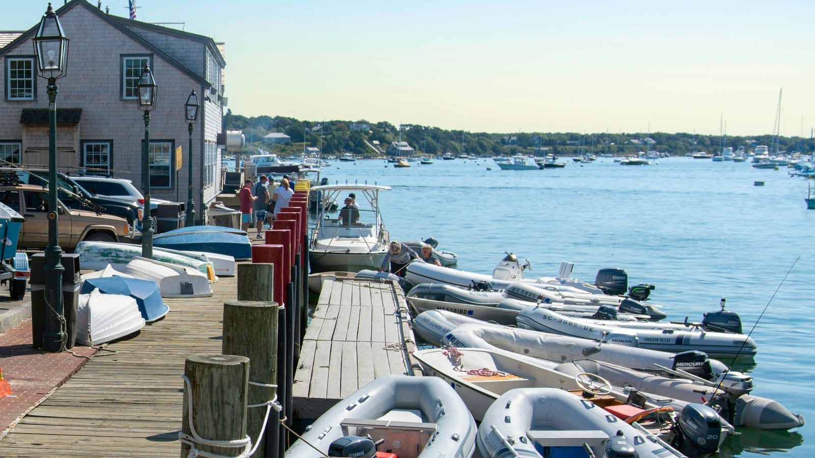 A row of small boats and dinghies tied along a wooden dock with a harbor and shoreline in the background under bright daylight.