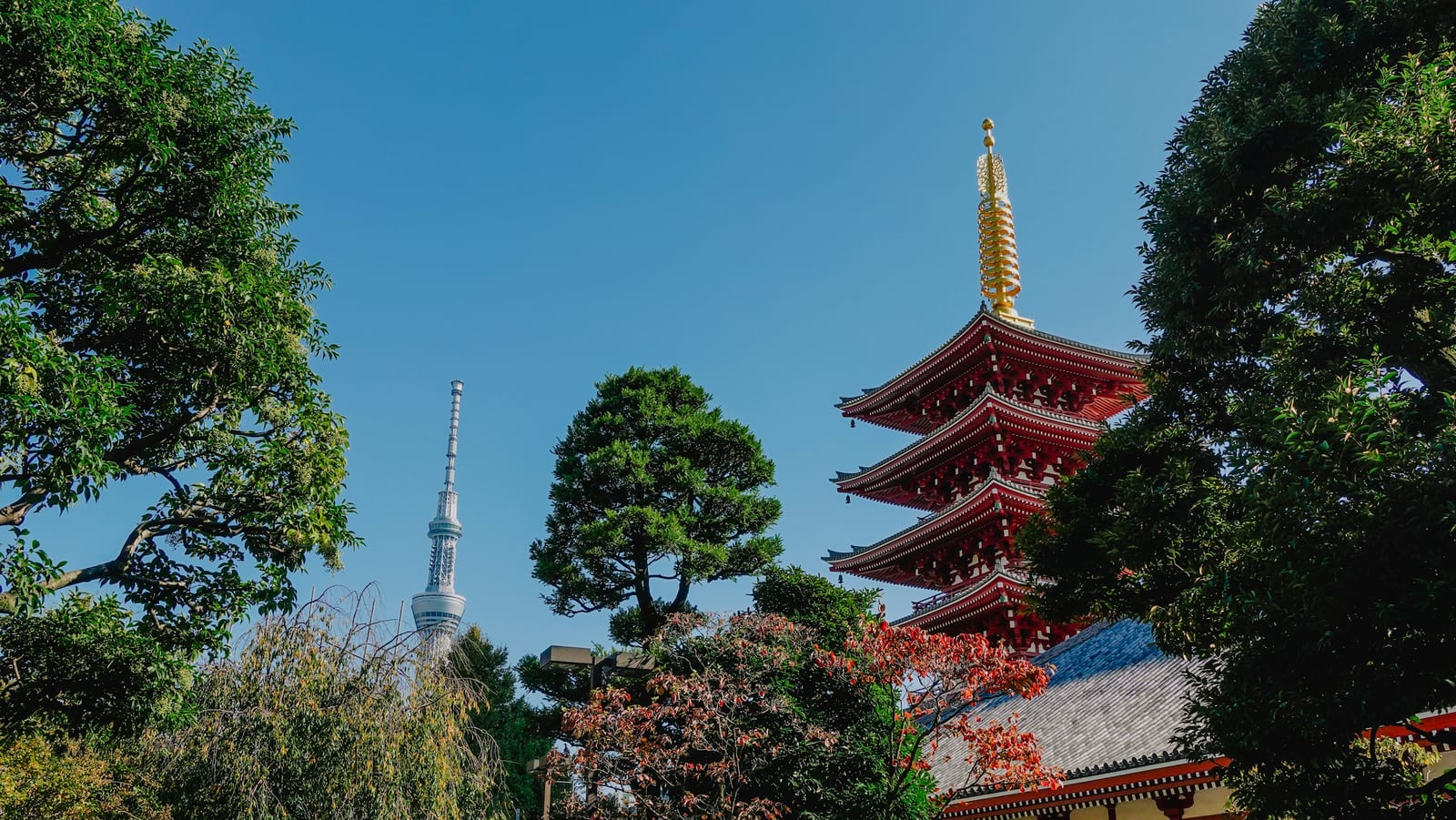 Senso-ji's five-story pagoda in Asakusa with Tokyo Skytree rising behind it.