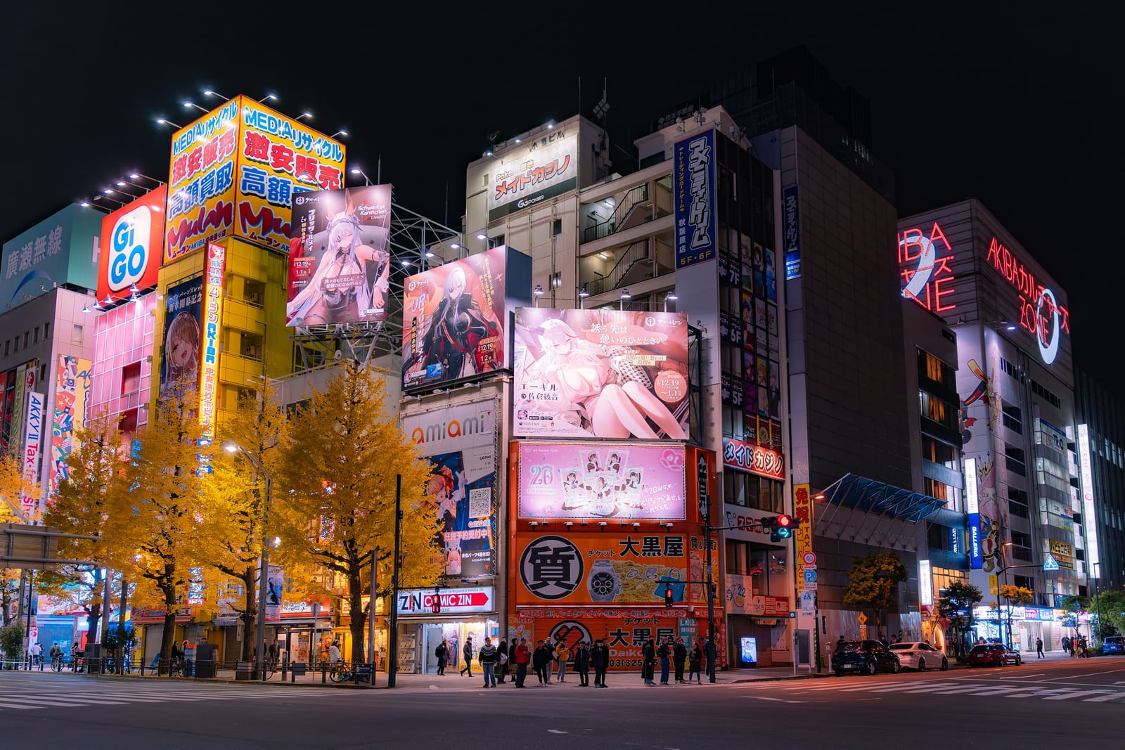 Akihabara's neon anime billboards at dusk