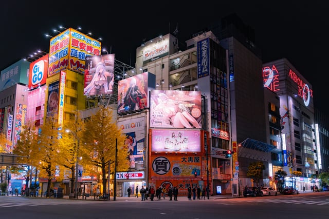 Akihabara's neon anime billboards at dusk