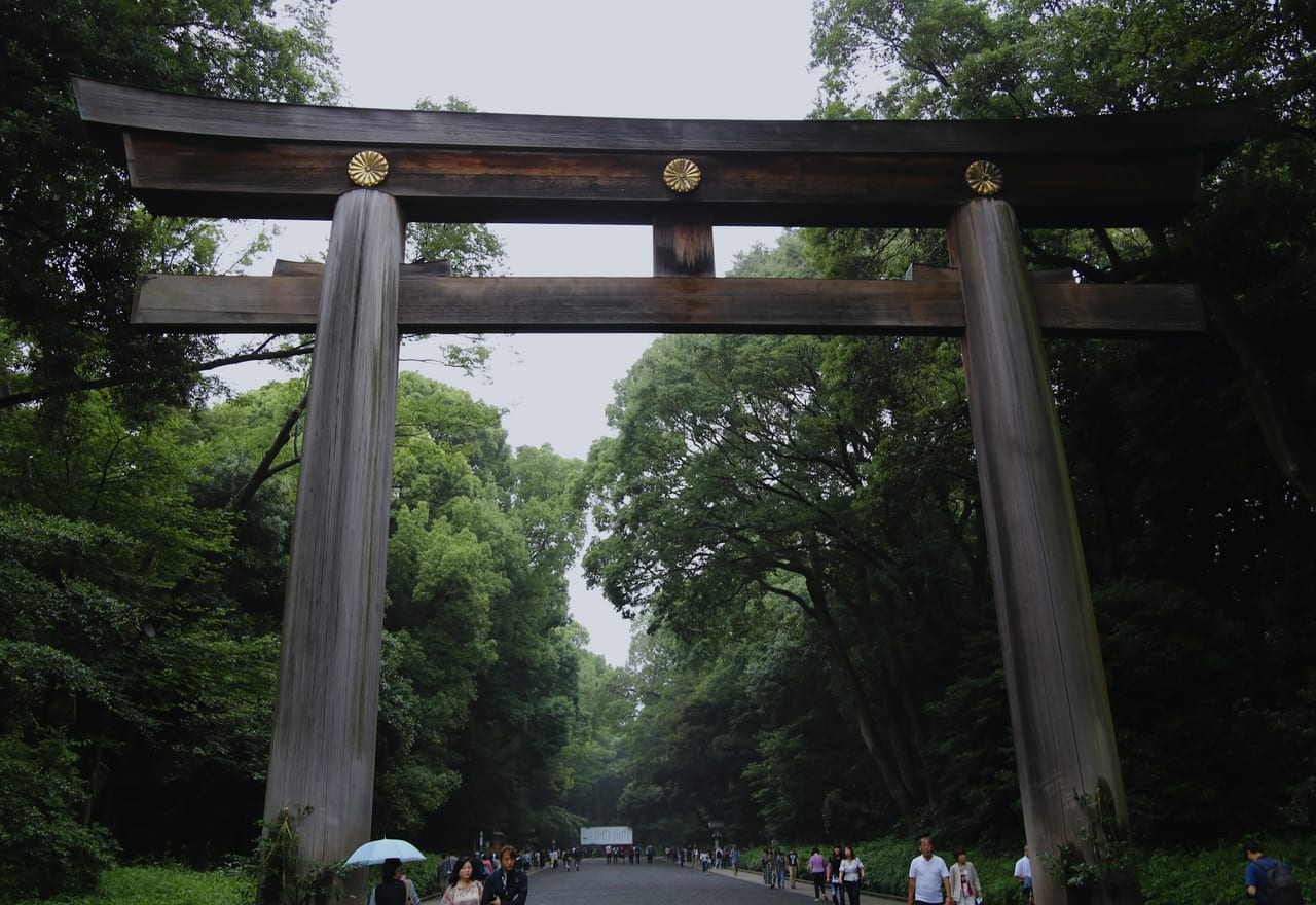 Visitors pass beneath the great wooden torii at the forest entrance to Meiji Jingu, the gravel approach lined with tall trees.