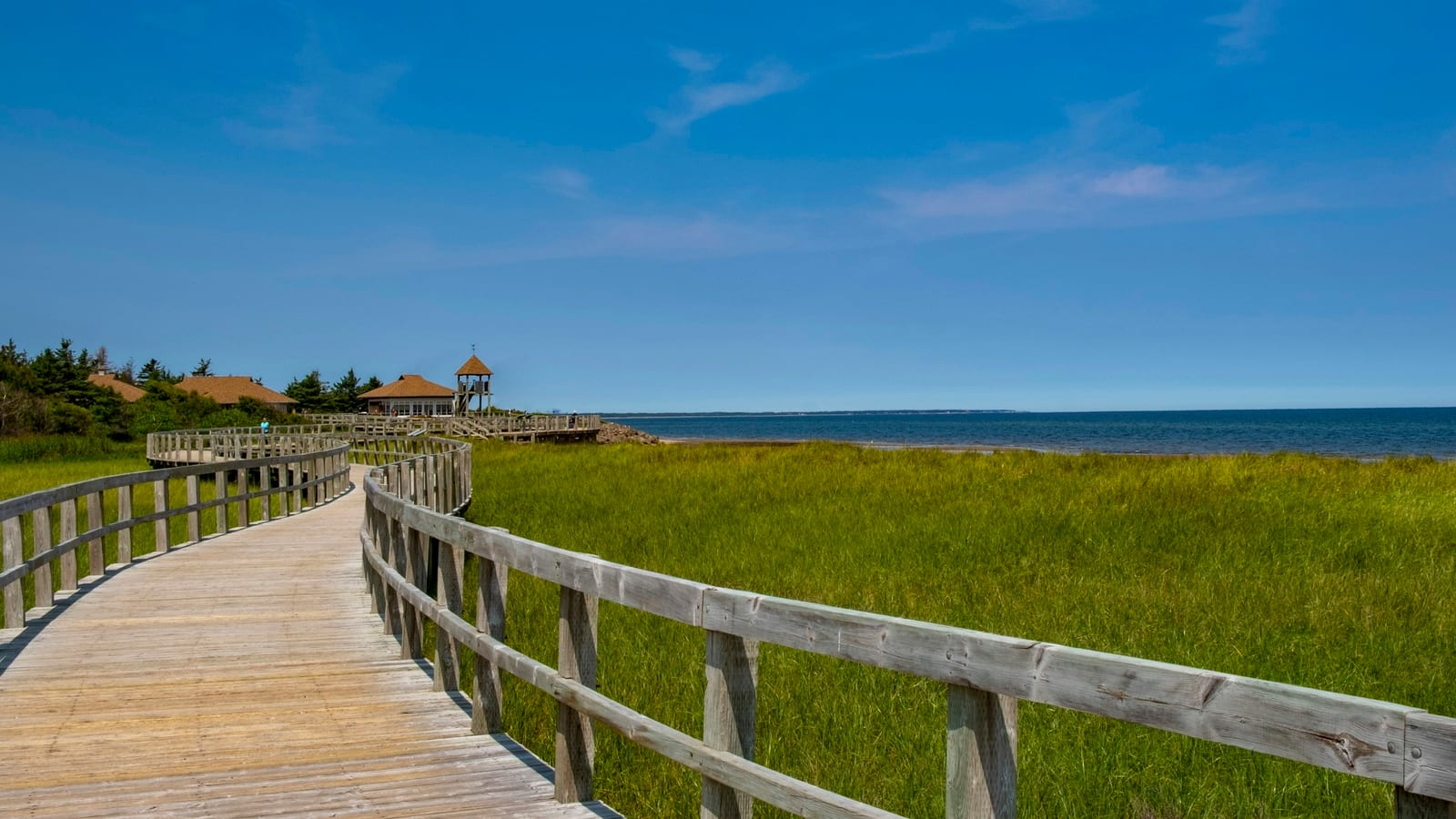 A wooden boardwalk with a gazebo leads through marsh grass toward the water under a bright blue sky.