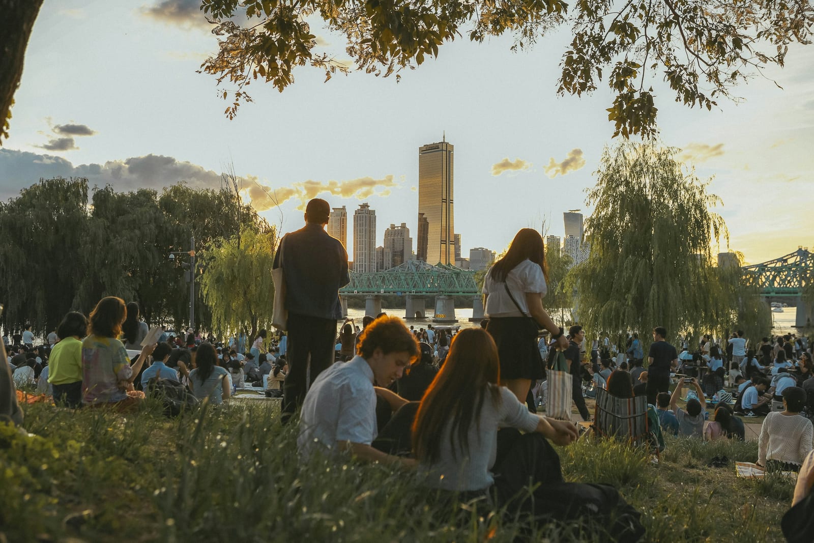 People sit on a grassy Han River park beneath trees with Seoul buildings and a bridge in the background.