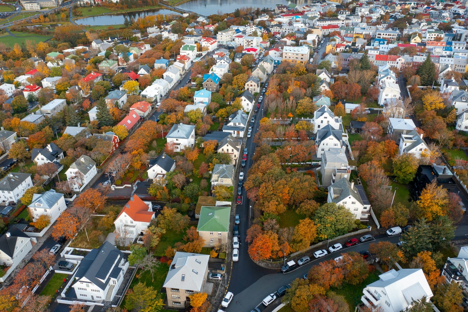 Aerial view of a Reykjavik residential neighborhood with colorful houses, tree-lined streets, and a main road.