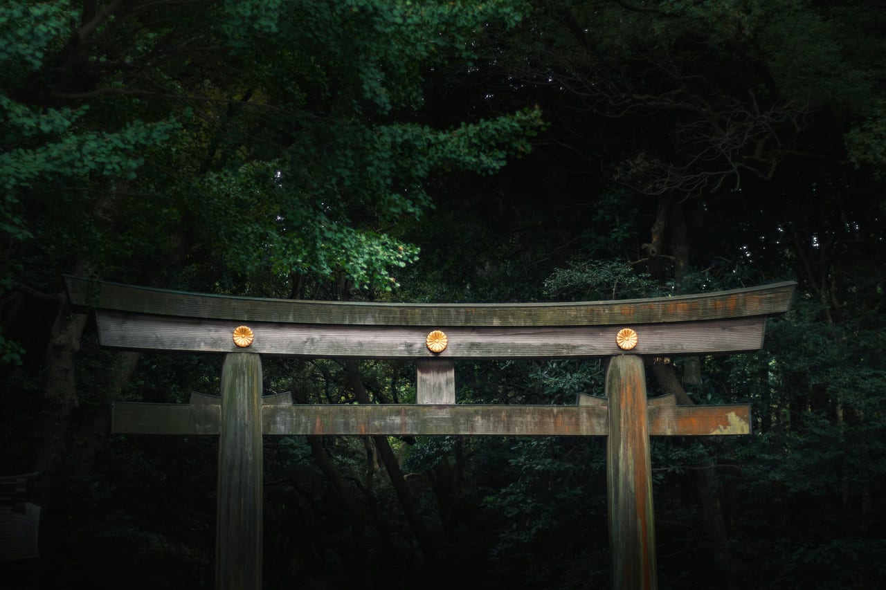The giant wooden torii gate of Meiji Jingu, crowned with gold imperial crests, stands within its towering forest.
