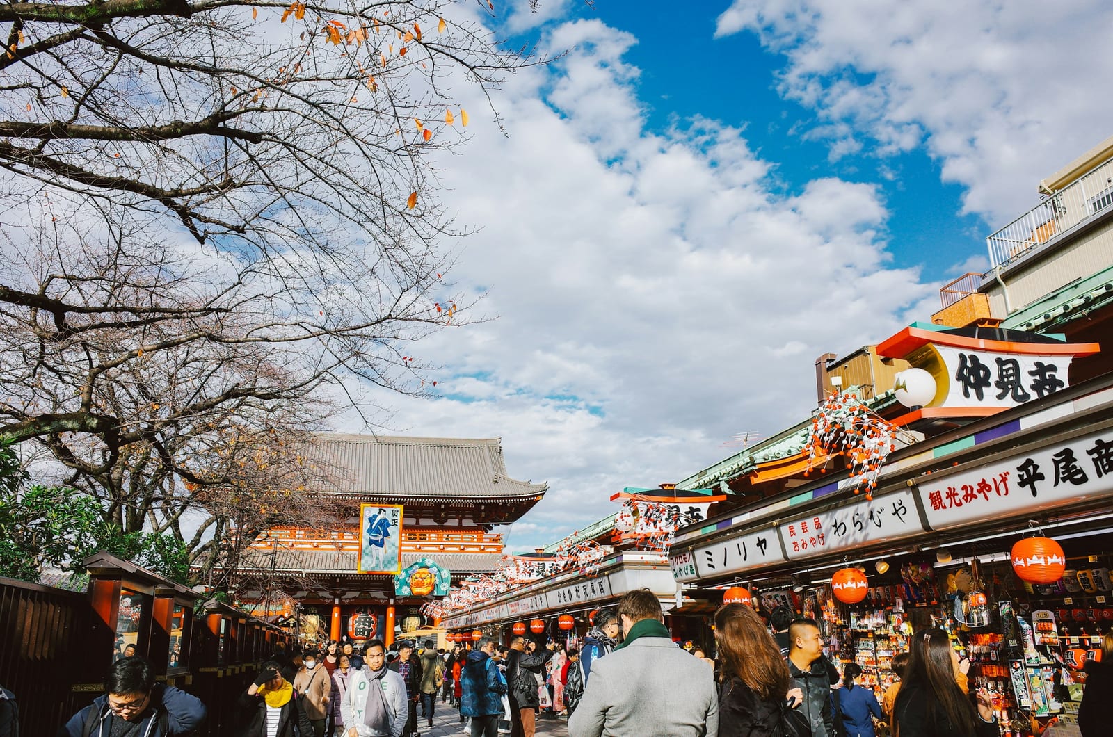 The shop-lined Nakamise-dori leading to the Senso-ji temple gate in Asakusa.