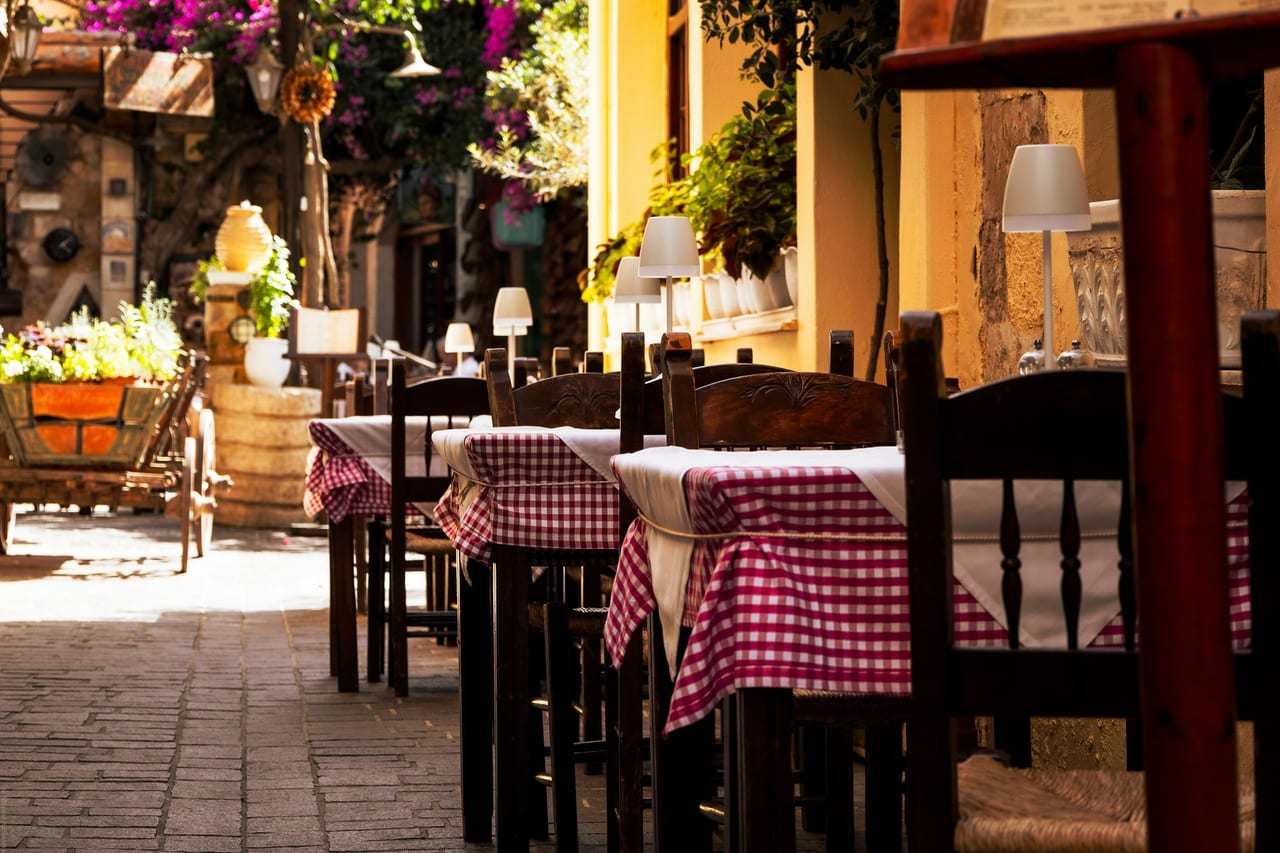 A row of Italian restaurants along Hanover Street in Boston's North End.