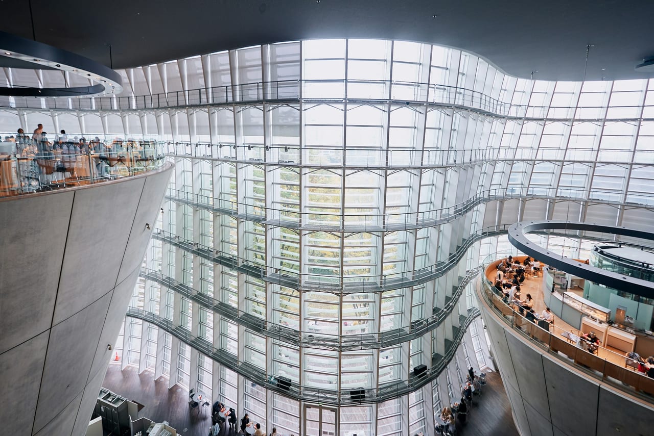 Light pours through the glass atrium of a modern museum, visitors walking below on the gallery floor.