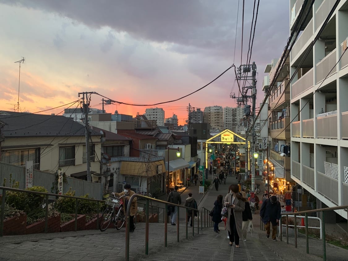 The Yuyake Dandan sunset stairs into Yanaka Ginza